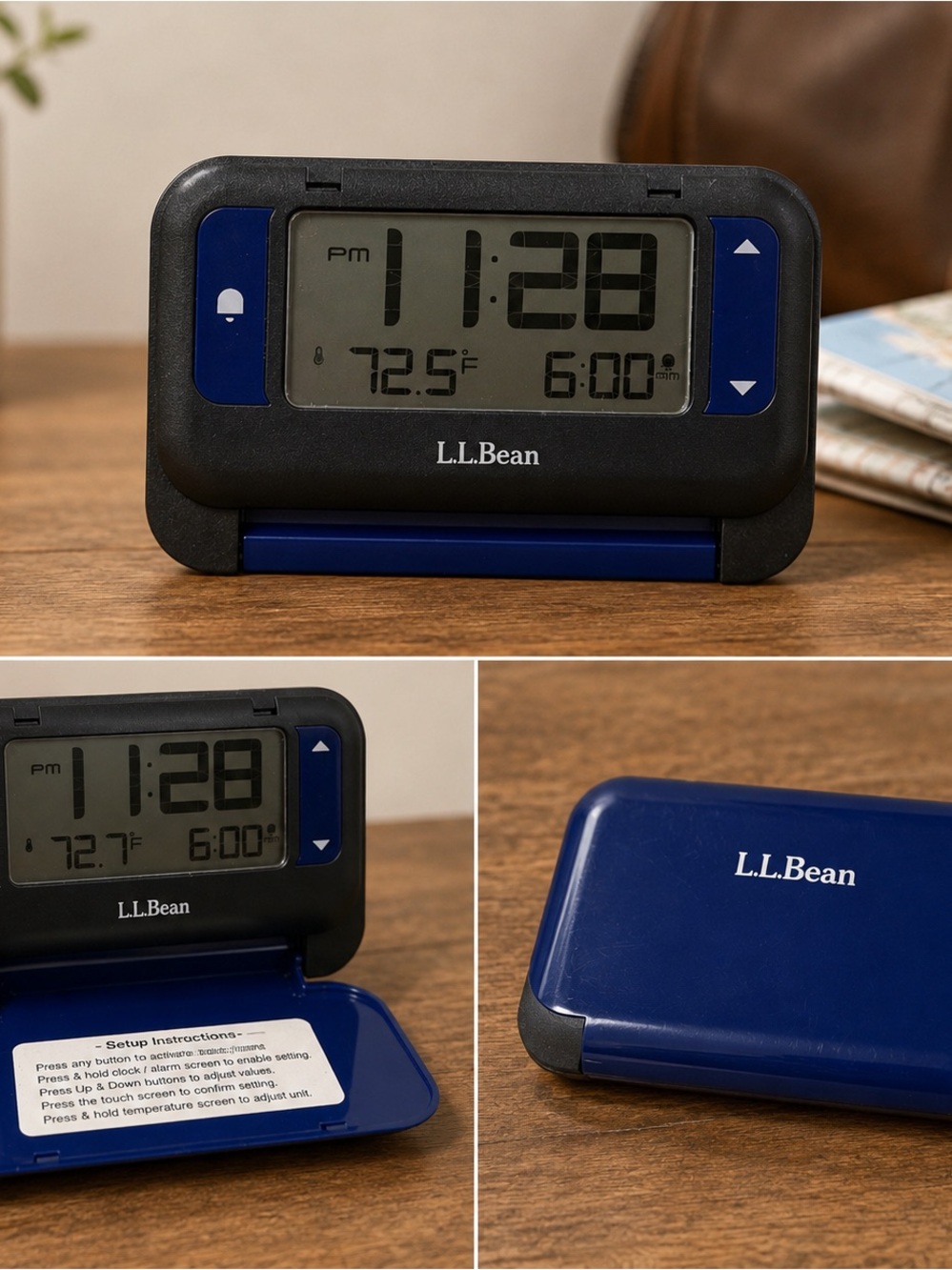 Vintage L.L. Bean Travel Alarm Clock Blue Folding Pocket Temp Light Camping